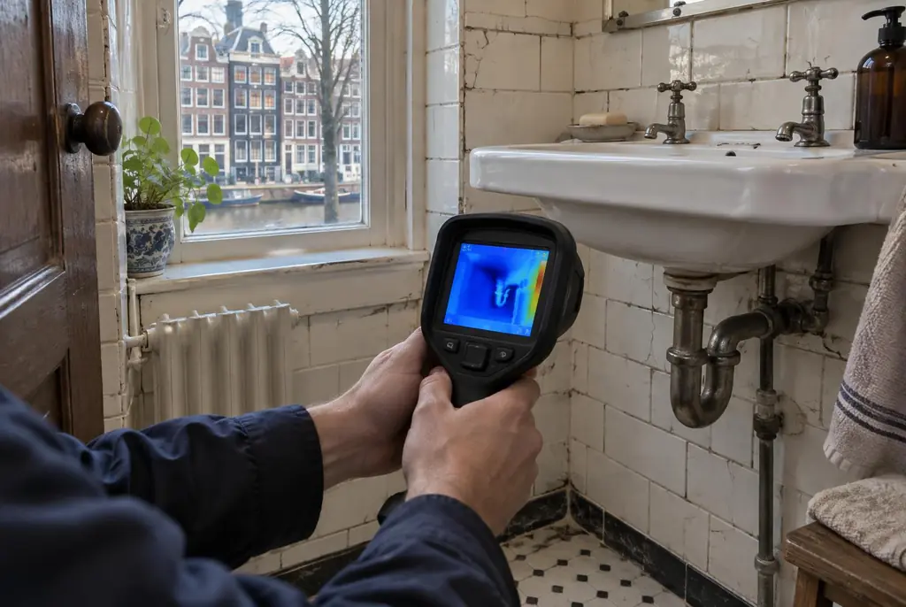 Lekdetectie Voorschoten – badkamer met oude leidingen achter de tegels