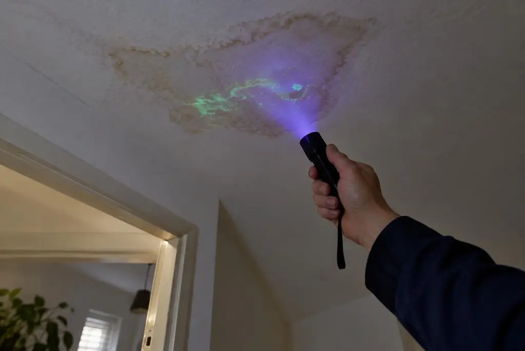 Lekdetectie Voorschoten – kleurstof controleren op het plafond met uv-licht