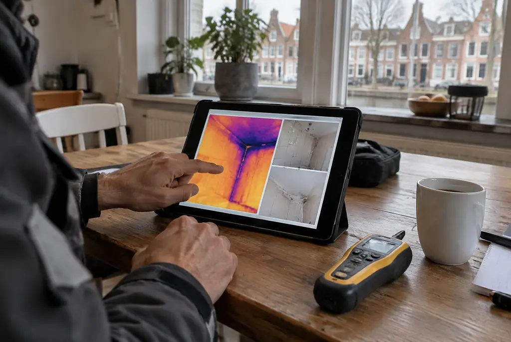 Lekdetectie Voorschoten – lekdetectierapport met warmtebeelden en foto's op een tablet