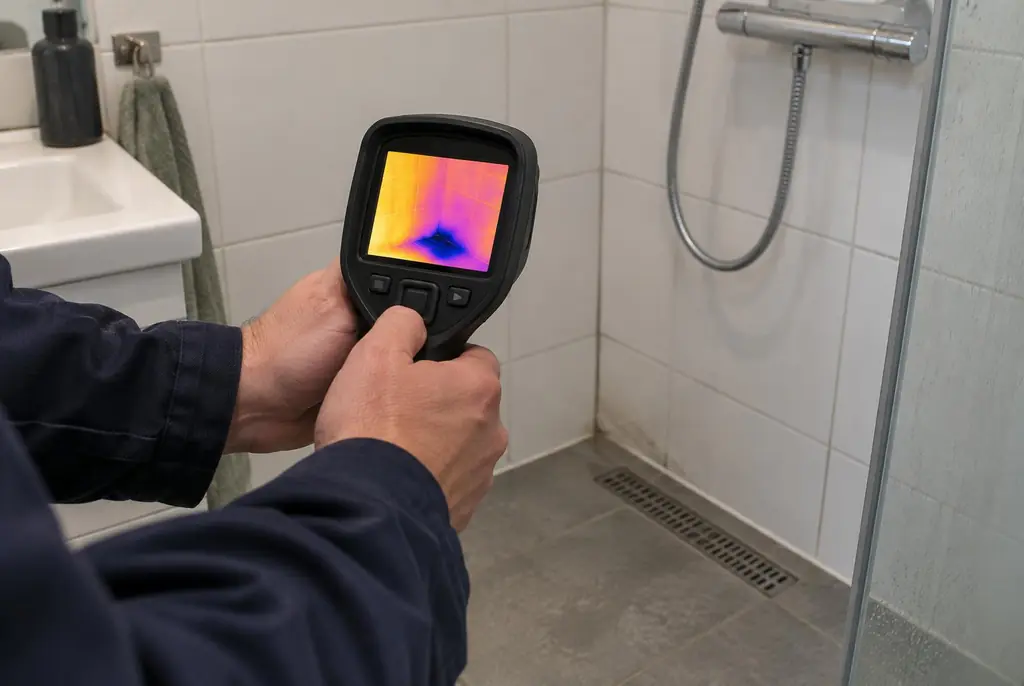Lekdetectie Voorschoten – lekdetectiespecialist met warmtebeeldcamera in een badkamer