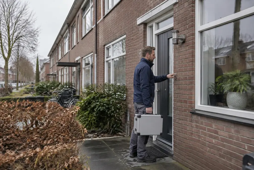 Lekdetectiespecialist met meetkoffer bij de voordeur van een woning in Voorschoten