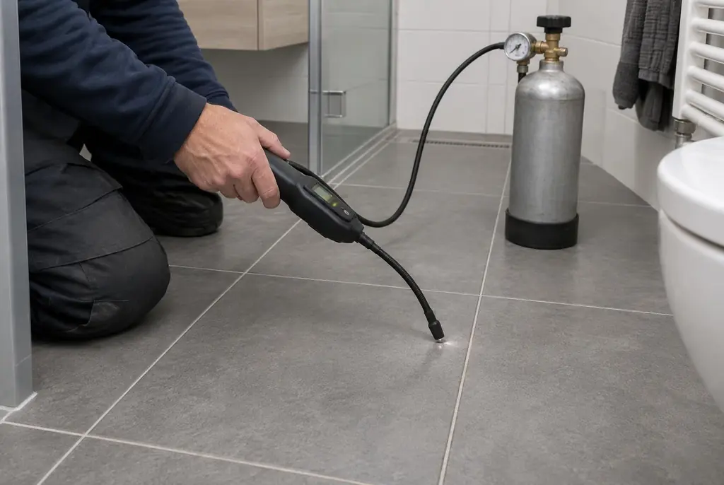 Lekdetectie Voorschoten – technicus spoort met tracergas een lekkage op in de vloer